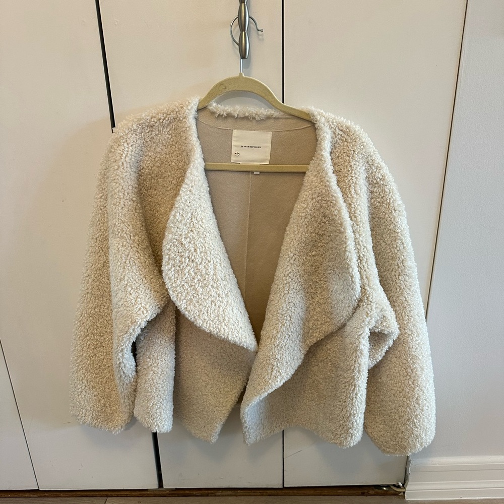 Anthropologie Cream Teddy Sherpa Open-Front Jacket